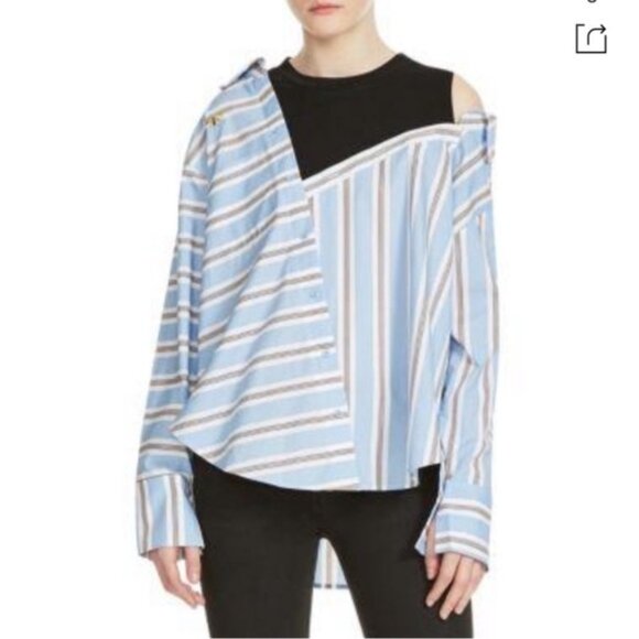 Maje Laivi Layered Button Up Collared Striped Dress Shirt Blue White - Picture 1 of 8